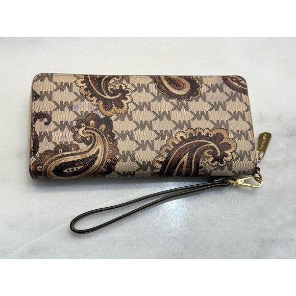 MICHAEL KORS Paisley Continental Brown Tan Leather Wristlet Wallet - Picture 2 of 7